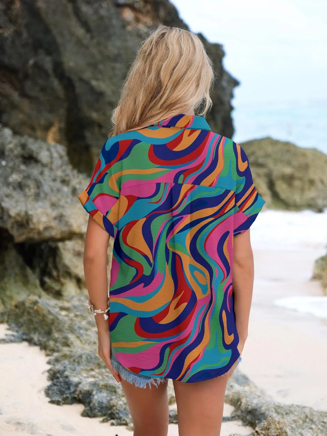 Short Sleeve Shirts for Women V Neck Loose Collared Button Down Shirt Casual Summer Tops with Pockets Beach Blouse