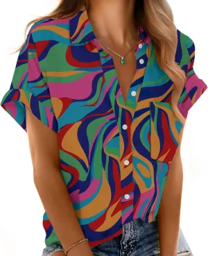 Short Sleeve Shirts for Women V Neck Loose Collared Button Down Shirt Casual Summer Tops with Pockets Beach Blouse