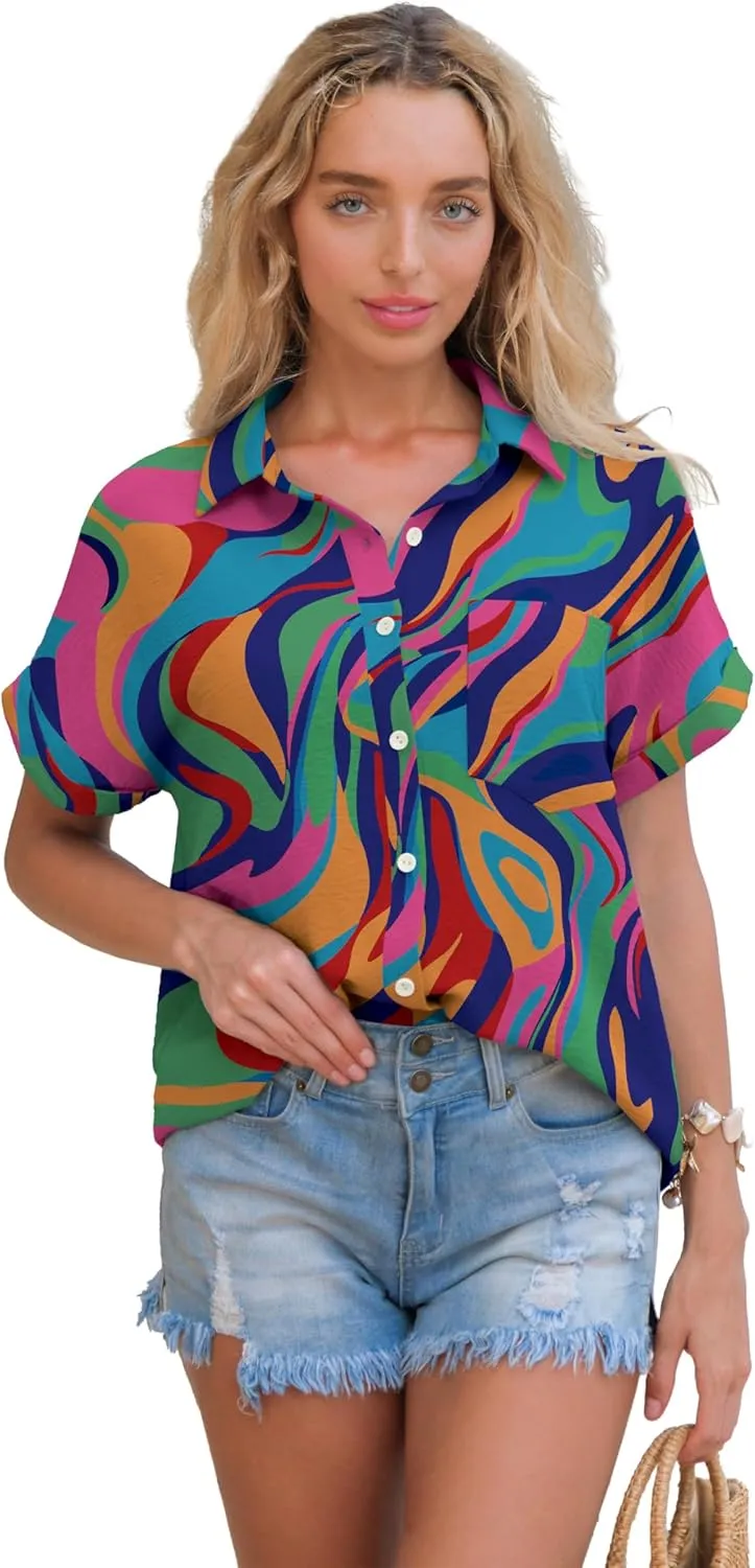 Short Sleeve Shirts for Women V Neck Loose Collared Button Down Shirt Casual Summer Tops with Pockets Beach Blouse