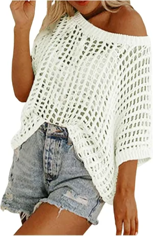 Summer Crochet Tops for Women Loose Off The Shoulder Shirts Hollow Out Knit Short Sleeve Sweater Top Beach Coverup