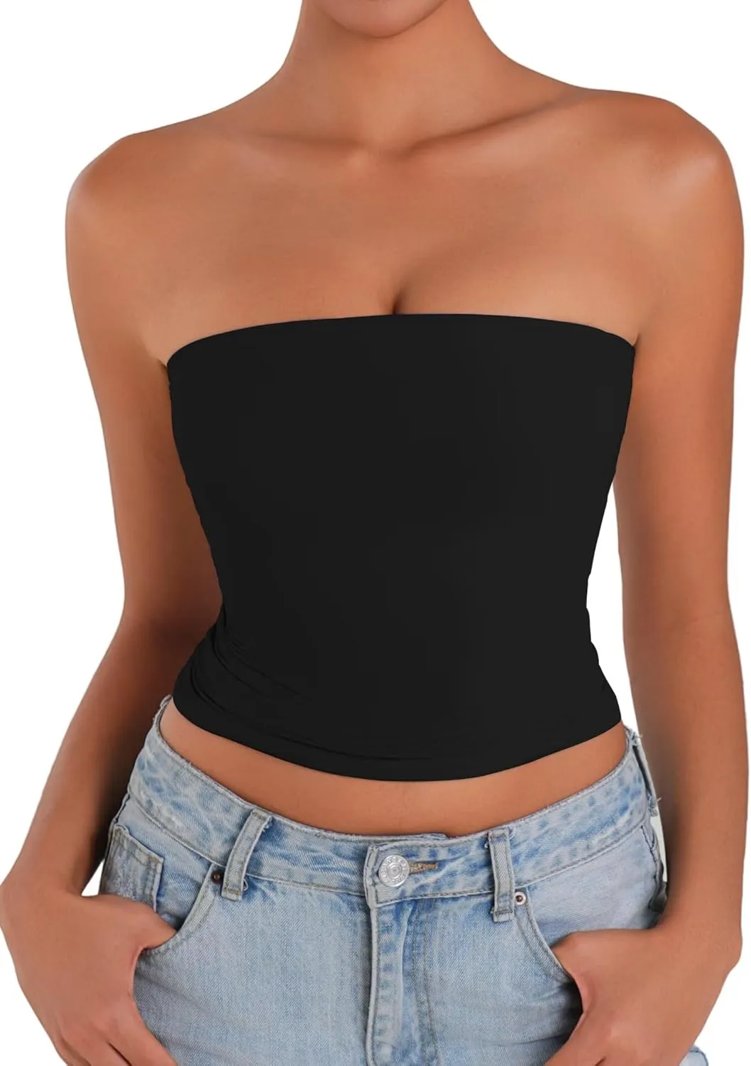 Sunzel Womens Strapless Sexy Tube Top Double Lined Sleeveless Crop Top Summer Basic Bandeau Tops for Layering or Going Out