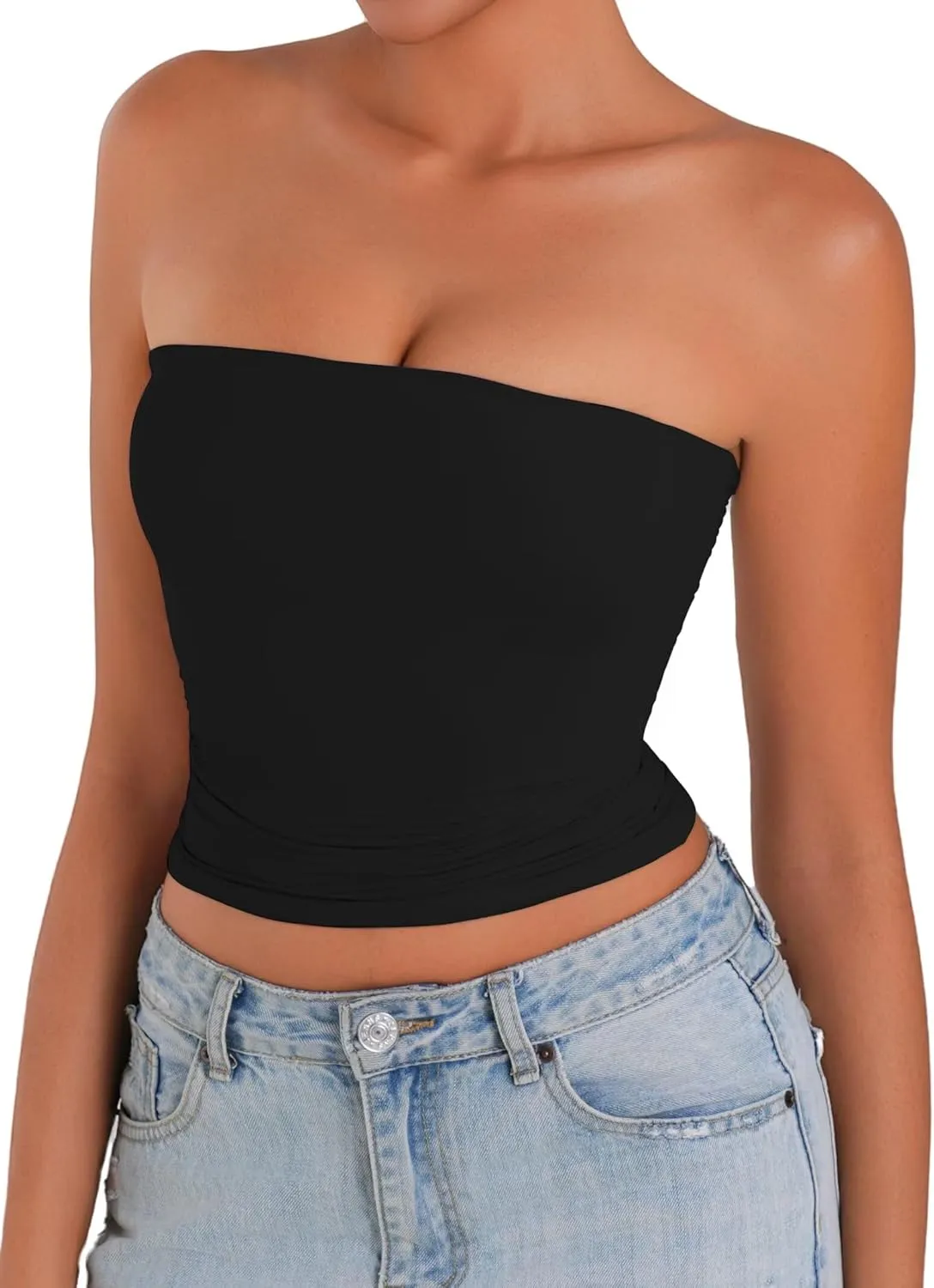 Sunzel Womens Strapless Sexy Tube Top Double Lined Sleeveless Crop Top Summer Basic Bandeau Tops for Layering or Going Out