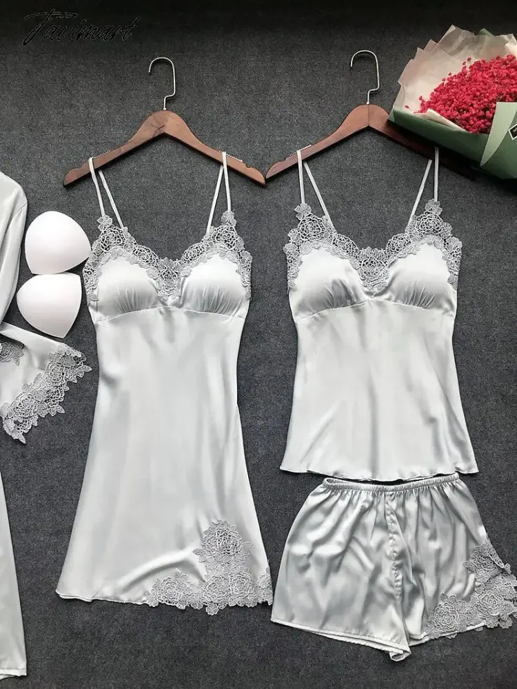 Tavimart Sexy Women Robe & Gown Sets Lace Bathrobe   Night Dress 4 Four Pieces Sleepwear Womens Sleep Set Faux Silk Robe Femme Lingerie