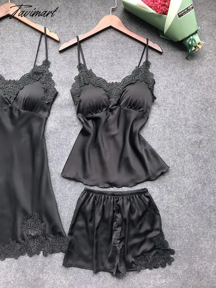 Tavimart Sexy Women Robe & Gown Sets Lace Bathrobe   Night Dress 4 Four Pieces Sleepwear Womens Sleep Set Faux Silk Robe Femme Lingerie