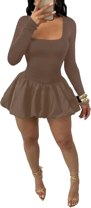 Vakkest Women's Square Neck Mini Bubble Dress Long Sleeve Cute Elegant Patchwork Cocktail Party Y2k Clubwear Dresses