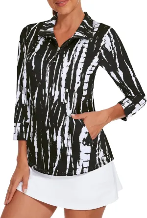 Viracy 3/4 Sleeve Womens Golf Shirts Quick Dry Quarter Zip Workout Tennis Polo Tops with Pocket