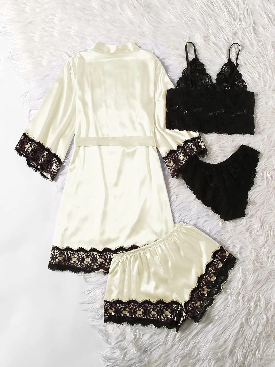 WDIRARA Women' Silk Satin Pajamas Set 4pcs Lingerie Floral Lace Cami Sleepwear with Robe