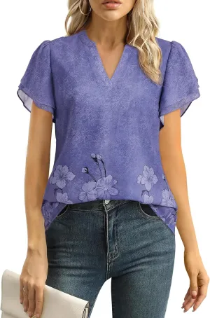 Women Tops Dressy Casual Short Sleeve Blouses Petal Ruffle Shirts V Neck Chiffon Work Business Tunic Double Layer