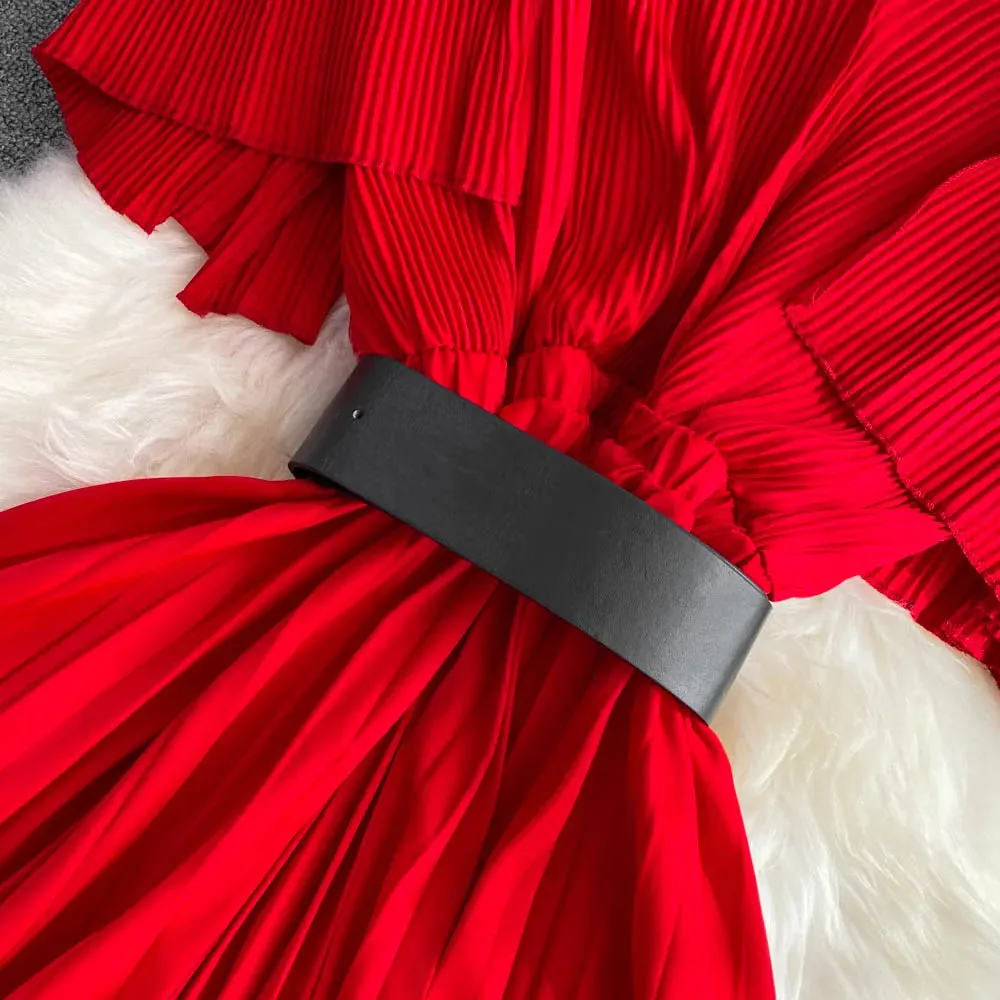 Women's Elegant V-neck Pleated A-line Swing Dress