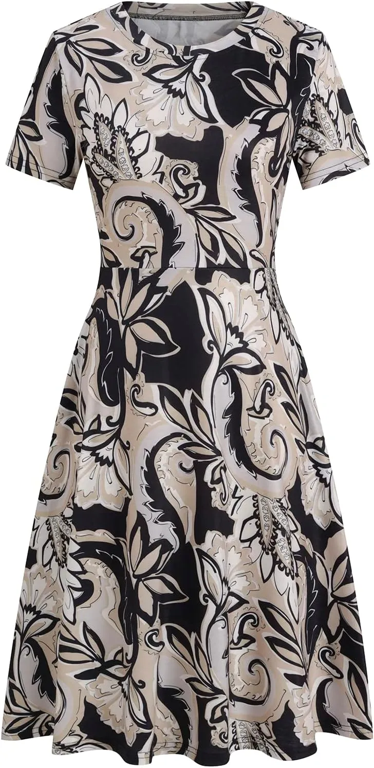 Women's Elegant Vintage 50s Office Casual Floral Print Work Party A-Line Swing Dress with Pockets 162