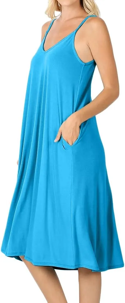Womens Lightweight Flowy Summer Dress  Adjustable Strap Knee Length Dress with Side Pockets. Casual, Beachwear