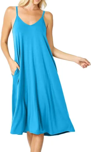 Womens Lightweight Flowy Summer Dress  Adjustable Strap Knee Length Dress with Side Pockets. Casual, Beachwear