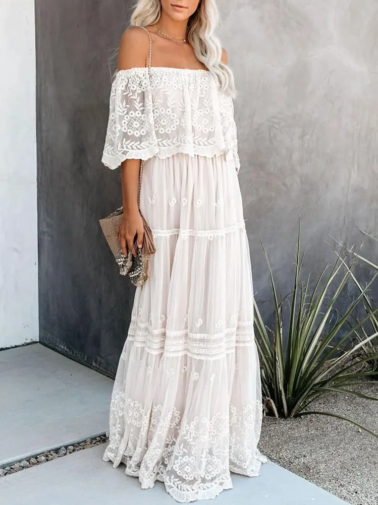 Womens Off The Shoulder Floral Lace Maxi Wedding Dress Boho Flowy Wedding Guest Formal Long Dresses