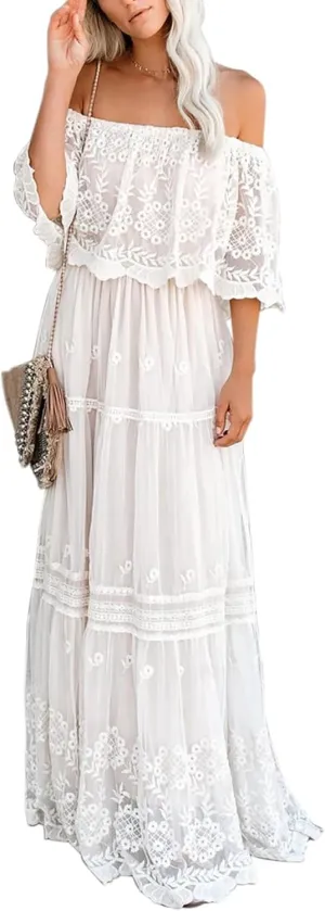 Womens Off The Shoulder Floral Lace Maxi Wedding Dress Boho Flowy Wedding Guest Formal Long Dresses