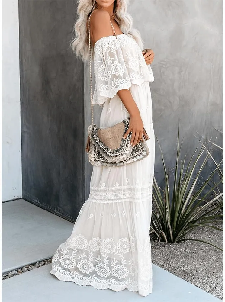 Womens Off The Shoulder Floral Lace Maxi Wedding Dress Boho Flowy Wedding Guest Formal Long Dresses