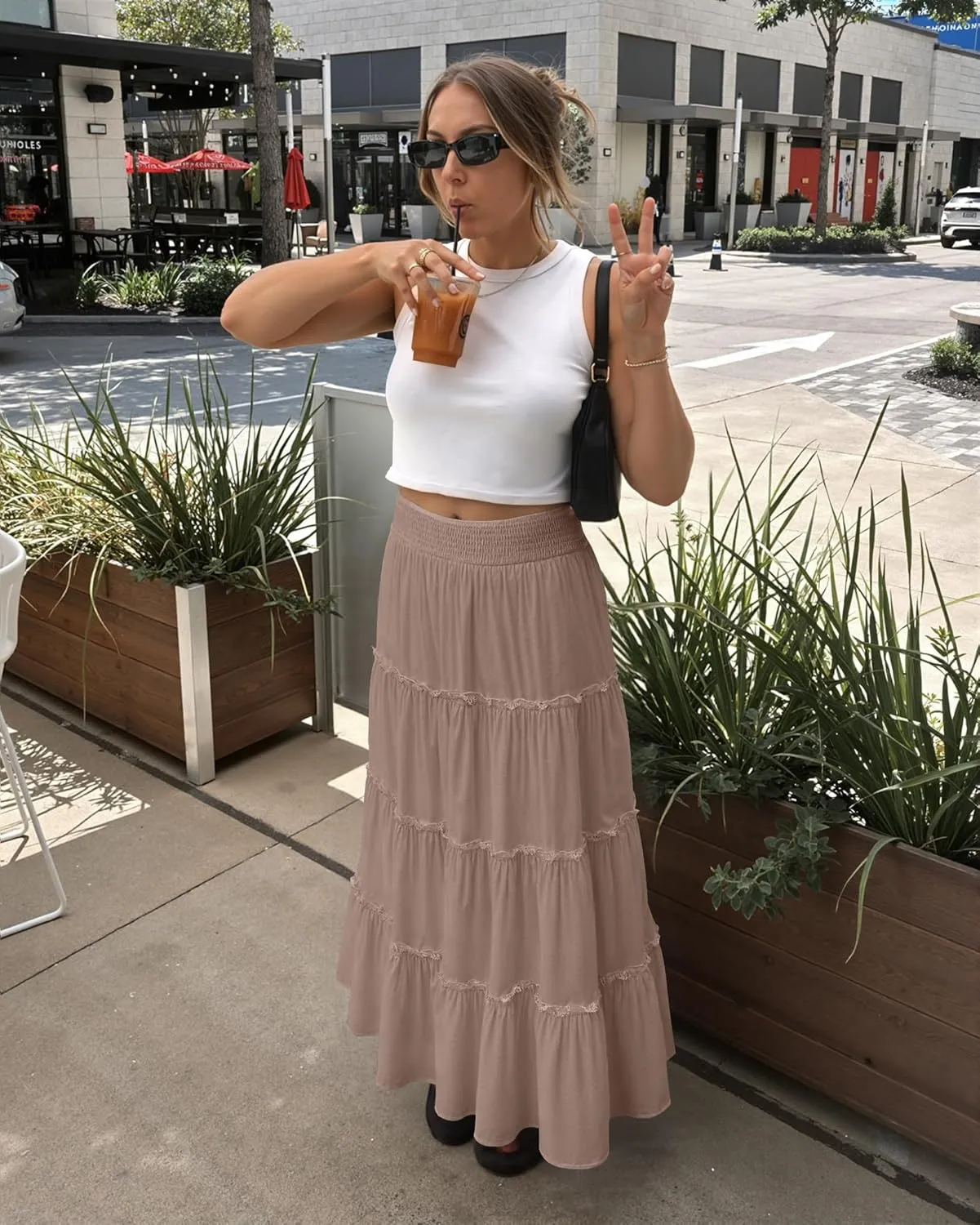 Womens Summer Boho Maxi Skirts Smocked High Wasited Flowy Tiered Ruffle A Line Long Beach Skirt