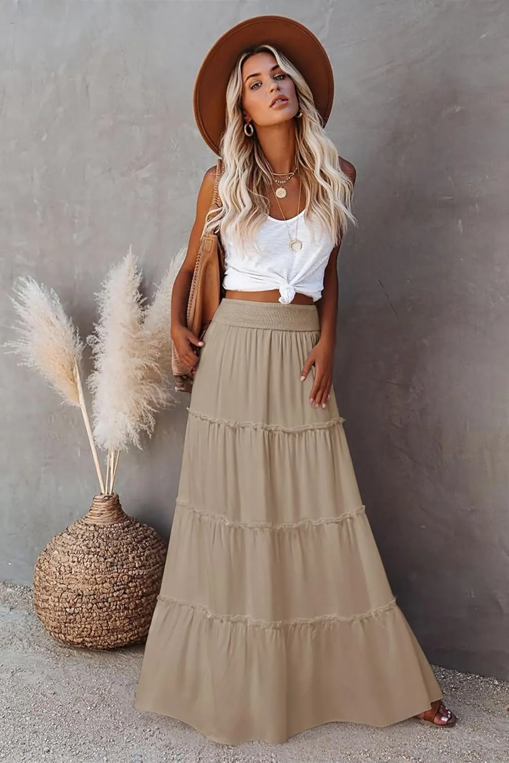 Womens Summer Boho Maxi Skirts Smocked High Wasited Flowy Tiered Ruffle A Line Long Beach Skirt