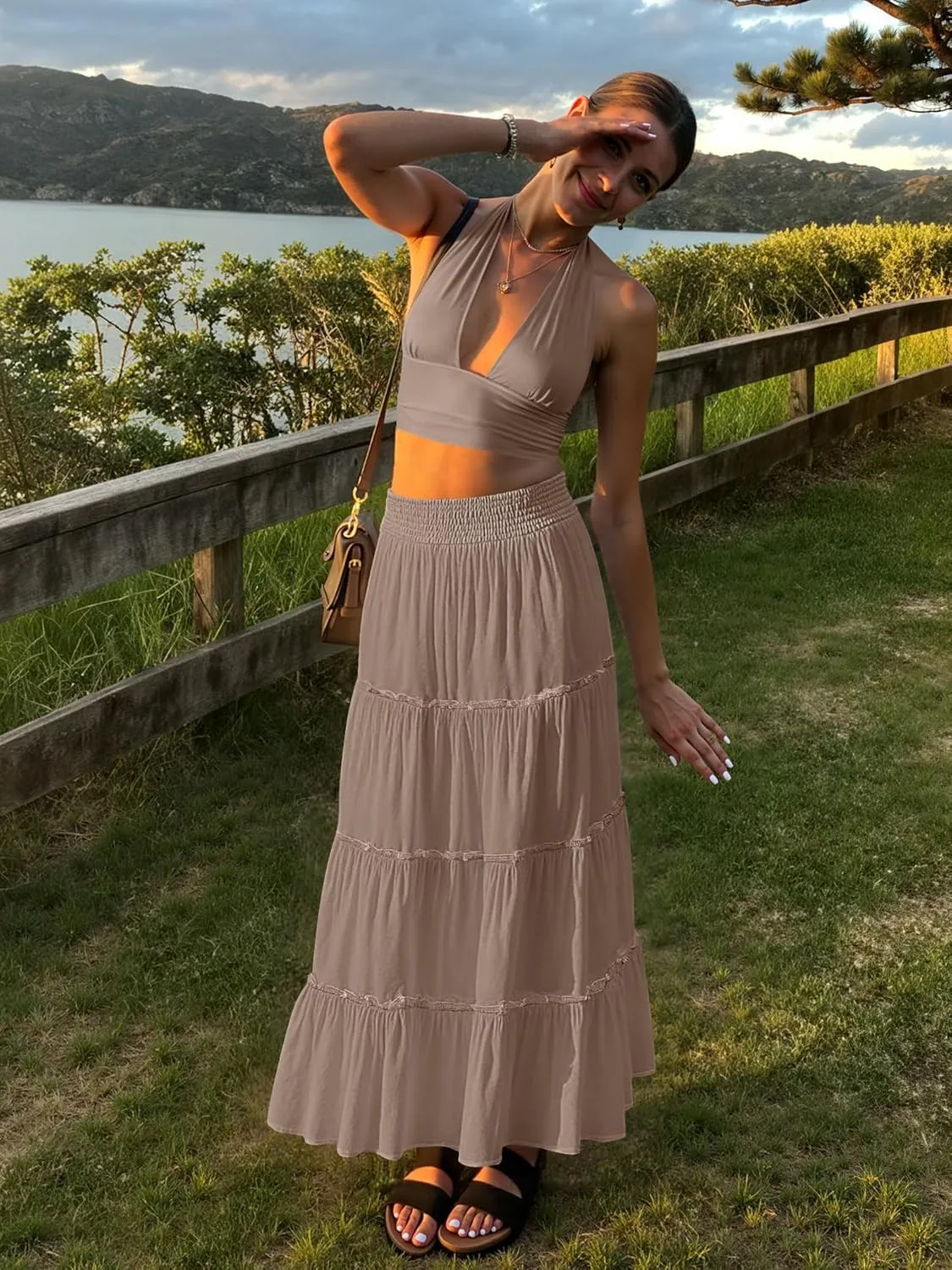 Womens Summer Boho Maxi Skirts Smocked High Wasited Flowy Tiered Ruffle A Line Long Beach Skirt