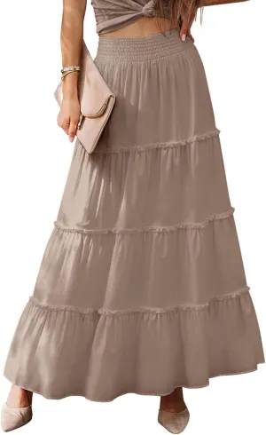 Womens Summer Boho Maxi Skirts Smocked High Wasited Flowy Tiered Ruffle A Line Long Beach Skirt