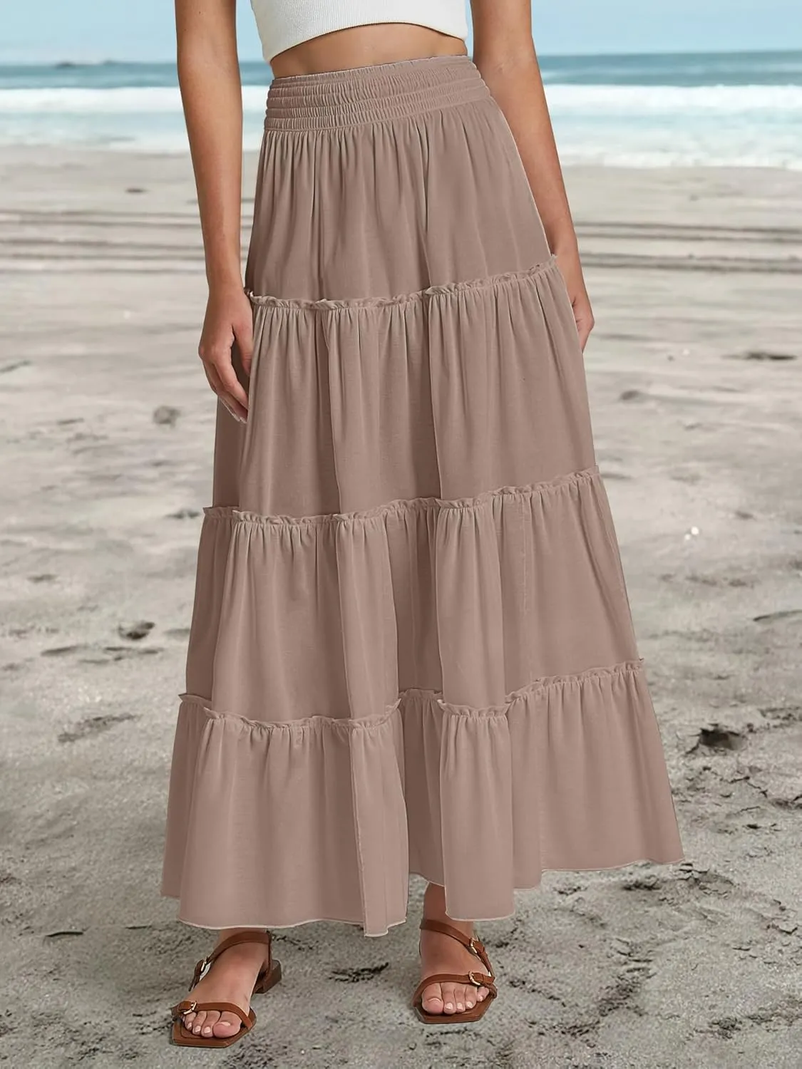 Womens Summer Boho Maxi Skirts Smocked High Wasited Flowy Tiered Ruffle A Line Long Beach Skirt