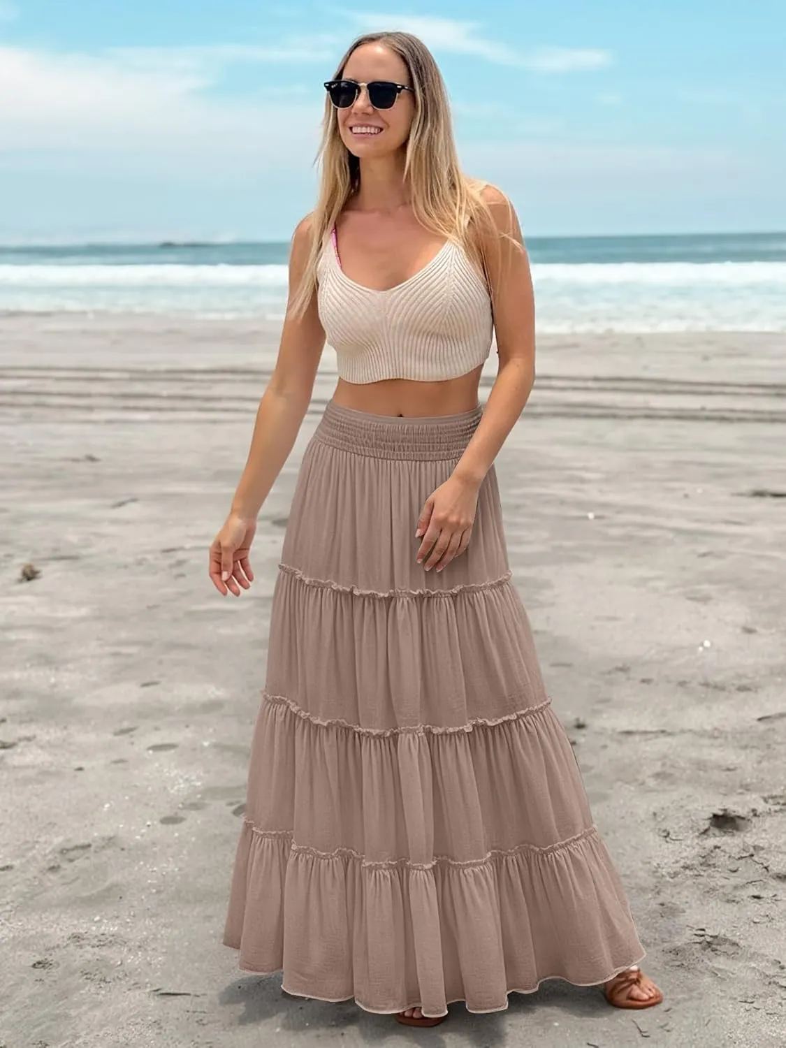 Womens Summer Boho Maxi Skirts Smocked High Wasited Flowy Tiered Ruffle A Line Long Beach Skirt