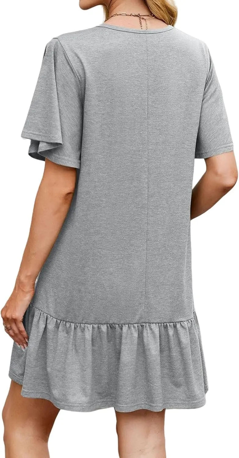 Womens Summer Short Cap Sleeve Ruffle Hem Tiered Swing Loose Crewneck Boho Casual with Pockets T Shirt Mini Dress