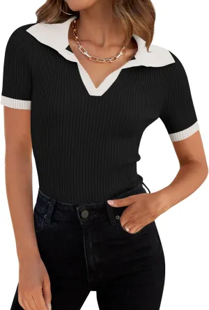 ZESICA Women's Short Sleeve V Neck T Shirts 2025 Summer Ribbed Knit Slim Fitted Basic Solid Color Tee Tops