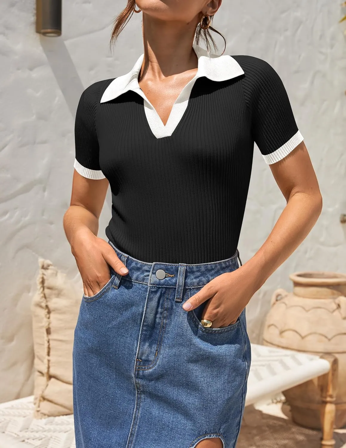 ZESICA Women's Short Sleeve V Neck T Shirts 2025 Summer Ribbed Knit Slim Fitted Basic Solid Color Tee Tops