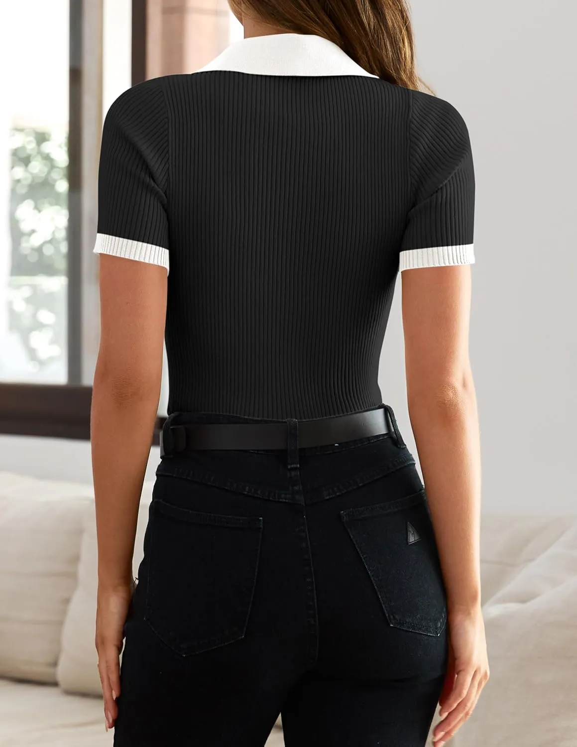 ZESICA Women's Short Sleeve V Neck T Shirts 2025 Summer Ribbed Knit Slim Fitted Basic Solid Color Tee Tops